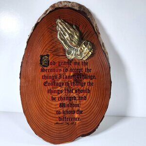 Serenity Prayer Vintage Wood Slab Live Edge Wall Art Praying Hands Hanging